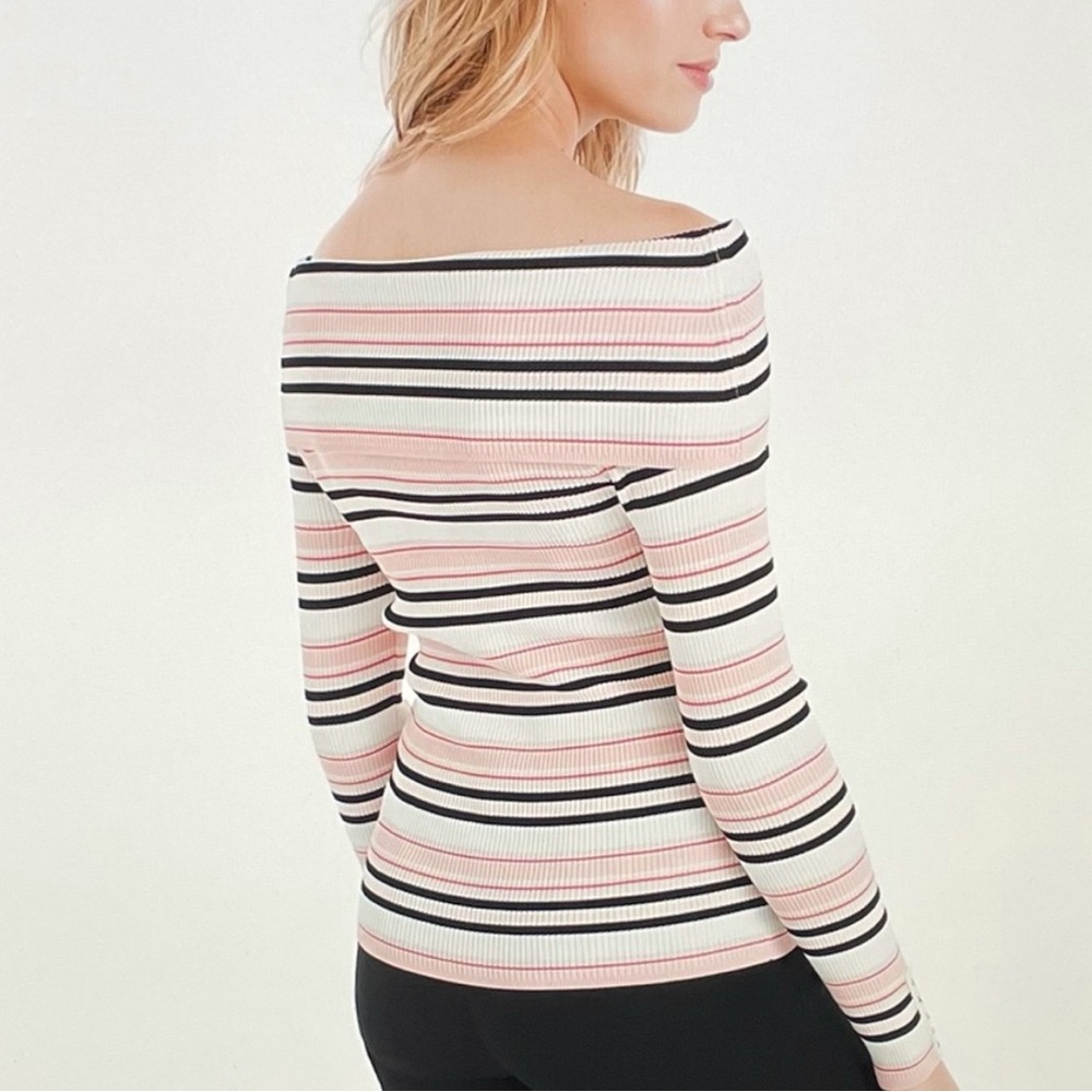 White House Black Market Pink Black Striped Off The Shoulder Sweater Sz S NWT - Picture 3 of 6